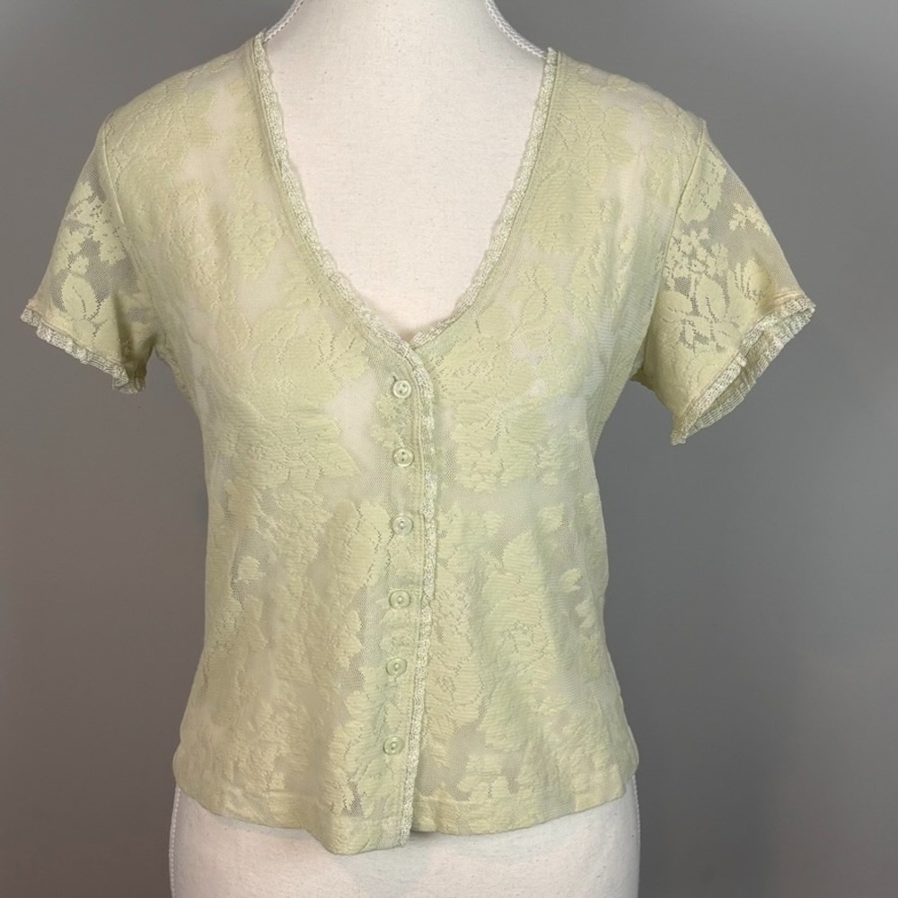 Express Y2K Womens Lace Sheer Beige/yellow button Front top‎ MED Fairy coquette
